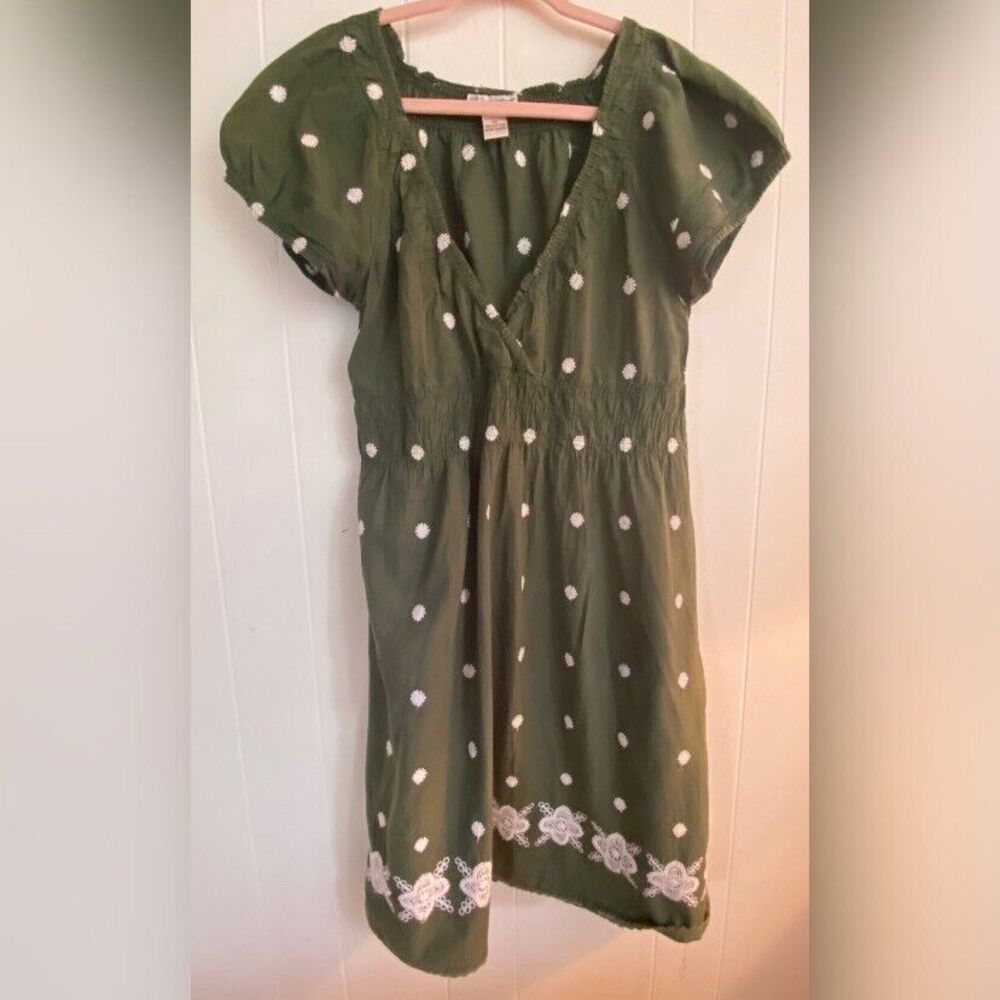 Cute Options Dress Women’s XL Green Cotton White Flowers Embroidered Midi Hippie